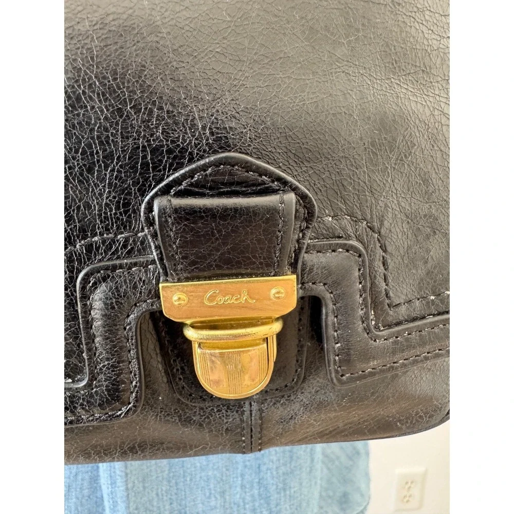 Coach Poppy Pushlock Flap Shoulder Leather Purse Handbag Black‎ Brass 17925